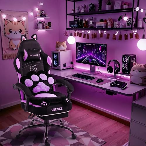 MEENICE Pink Gaming Chair Cute with Cat Ears Paw Lumbar and Cushion Ergonomic Computer Chair with Footrest Reclining PC Game Chair for Girl Computer Chair 300lbs for Adult Black and Purple