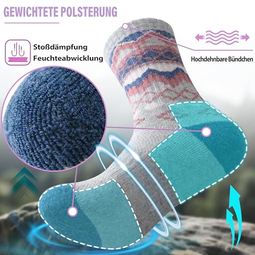 EBMORE Damen Merino Wollsocken Thermosocken Wandersocken Warmesocken Wintersocken Dick Wolle Sportsocken Arbeitssocken für Outdoor 5 Paar Geschenke(Nordisch,M)