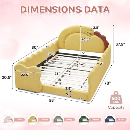 Image of Full Size Kids Bed with Dinosaur Headboard, Upholstered Boucle Fabric Twin Daybed with Slats Support & Side Pocket, Space-Saving Wooden Corner Sofa Couch Day Bed Frame for Girl, Boy, Teenager(Yellow)
