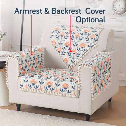 Image of HOKIPO Folk Garden Quilted Sofa Cover Mat with Tassels for 1 Seater 'Tassel Twigs' Series (IN-982-T9)