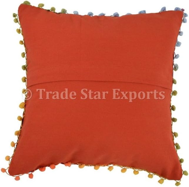 Trade Star Exports Embroidered Pillows Cover Pom Pom 100% Cotton Cushion Cover 16x16 Square Decorative Pillow Cases Throw Pillow Shams Cushion Case