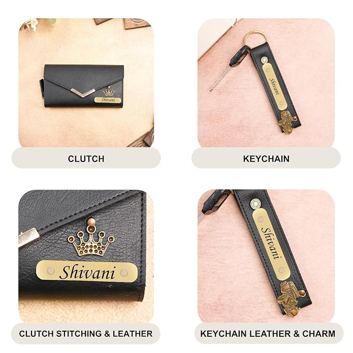 Image of WALLETKART Personalized Leather Women's Clutch with Name & Charm | Customized Clutch for Girlfriend Friend Wife Mother & Sister