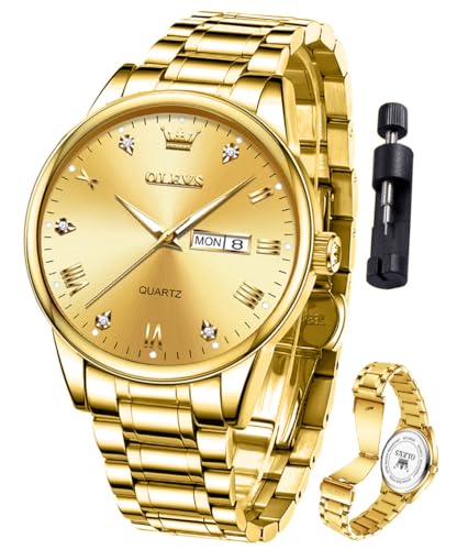 OLEVS Gold Watches for Men Large Face Casual Analog Mens Watches Stainless Steel Waterproof Men Watches with Date Week Luxury Quartz Wrist Watch for Men, Reloj para Hombre