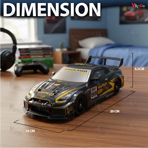 Image of VikriDA 1:24 Scale RC Drift Car - 4WD High-Speed RC Racing Car with LED Lights, 2.4GHz Controller, Rechargeable Batteries & Drifting Tires - Black & Yellow