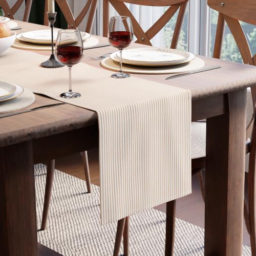 Image of Encasa XO Cotton Table Runner for 8 to 10 Seater | Size 13x120 in | Ticking Beige - Machine Washable & Durable