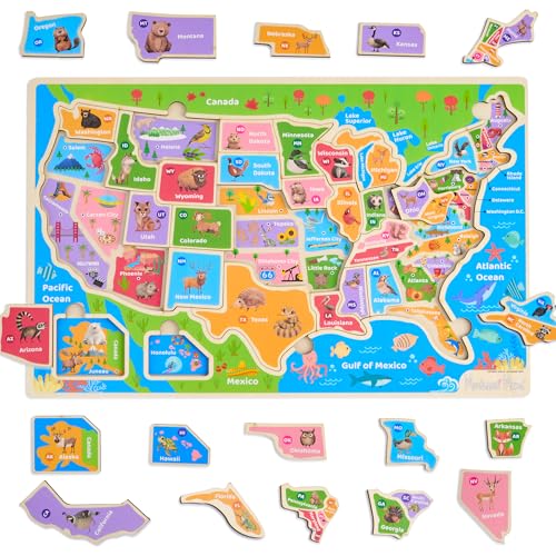 Montessori Mama Rompecabezas de madera con mapa de Estados Unidos, Estados Unidos y capitales para niños de 3 a 6 años