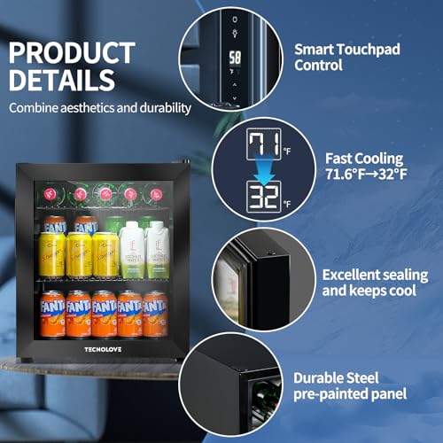 Beverage Refrigerator Cooler,Mini Fridge,Free Standing,1.6 Cu.Ft Cools Down To 32 ℉,Stainless Steel,LED Touchscreen Digital Temp Control,Under Counter,Double-layer Glass Door,Adjustable Shelves,Black - Image 3