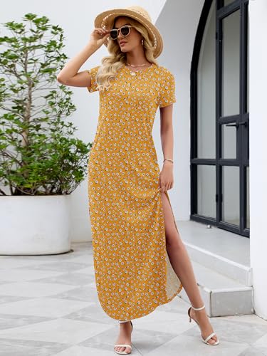 Image of Heymoments Womens Summer Maxi Dress Short Sleeve Casual Loose Long T Shirt Split Vacation Beach Sundress with Pockets