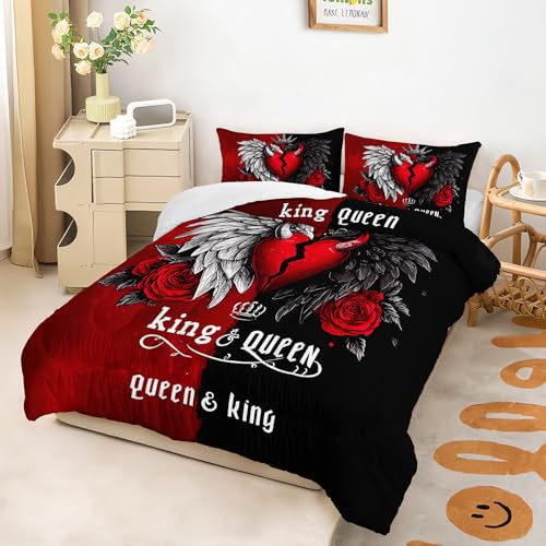 Image of AILONEN Gothic Broken Heart Comforter Set Full Size,Red & Black Bedding Set 3Pcs for Couples Adults,Angel Devil Wings Heart Quilt with 2 Pillowcases