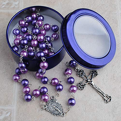 HanlinCC Purple and Pink Glass Pearl Beads Rosary Necklace with Miracuolus Center Piece and Aint-Silver Crucifix with Puprle Metal Gift Box3