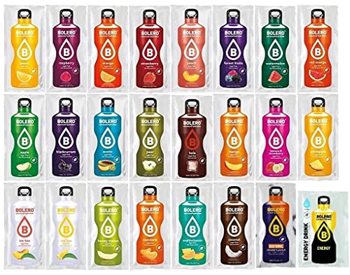 Bolero Pack découverte comprenant 24 variétés de boissons en poudre sans sucre/avec stévia, avec shaker Foodtastic de 500 ml, boîte permettant de tester les différentes saveurs