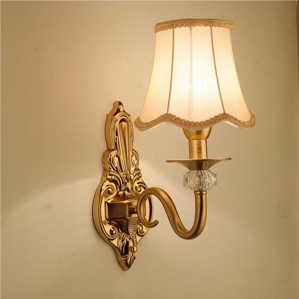 LYOUAE European Retro Indoor Wall Lamp Mid Century Metal Wall Sconce Bedroom Hallway Wall Mounted Lamp with Fabric Shade for Bedroom Living Room Hallway(Single Head)