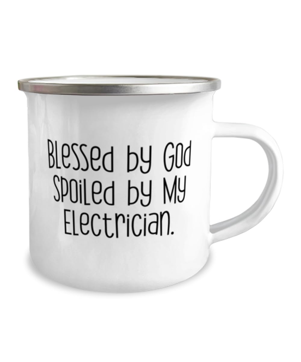 Best Electrician Gifts, Blessed by God Spoiled by My Electrician, Inspirational 12oz Camper Mug For Coworkers From Coworkers, Electrician mug, Electrician keychain, Electrician Tshirt, Electrician