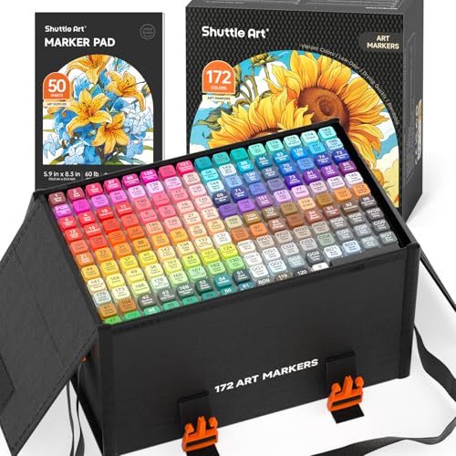Shuttle Art 172 Colors Dual Tip Alcohol Based Art Markers,171 Colors plus 1 Blender Permanent Marker 1 Marker Pad with Case Perfect for Kids Adult Coloring Books Sketching and Card Making