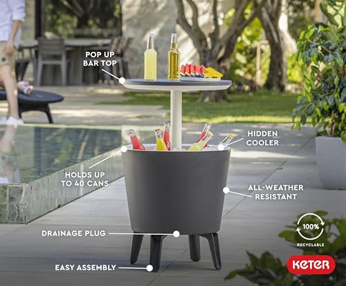 Keter Modern Cool Bar Outdoor Patio Furniture and Hot Tub Side Table with 7.5 Gallon Beer and Wine Cooler, Dark Grey