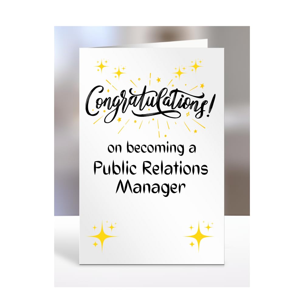 Congratulations on becoming a Public Relations Manager, card for men, women, him, her, colleague, boss, manager, supervisor, friend, gifts or presents, A5-211b_246 — image 1