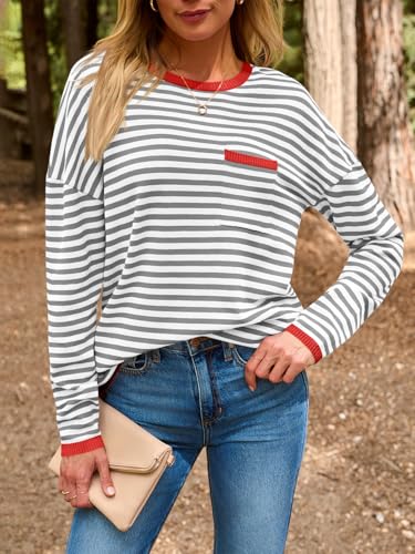 Image of LILLUSORY Womens Striped Soft Knit Pullover Sweater Loose Fit Shirts with Chest Pocket