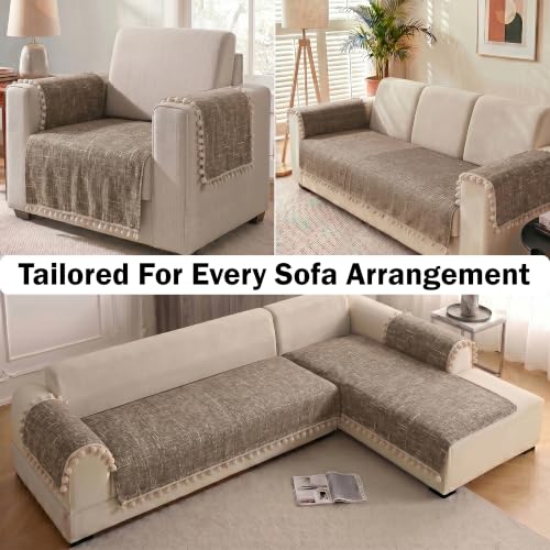 Image of Story@Home Chenille Sofa Cover 2 Seater (76x122Cm) & Arm Rest Covers | Anti Slip Sofa Mat for 1 /2 /3 Seater & L Shape Sofa Cover | Measure Your Sofa & Create Your Own Set - Caramel & Cream