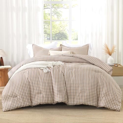 Image of Andency Tan Gingham Comforter Set Twin(66x90Inch), Brown Checkered Grid Plaid Buffalo Bed Set for Girls Boys Kids Teens, 2 Pieces Lightweight Polyester Geometric Preppy Bedding