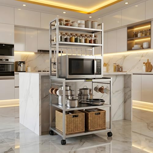 Image of Metal Microwave Oven Stand with Storage Shelves & Hooks | Heavy Duty Multi-Level Kitchen Rack with Wheels | Appliance Organizer (MS 5 Silver)