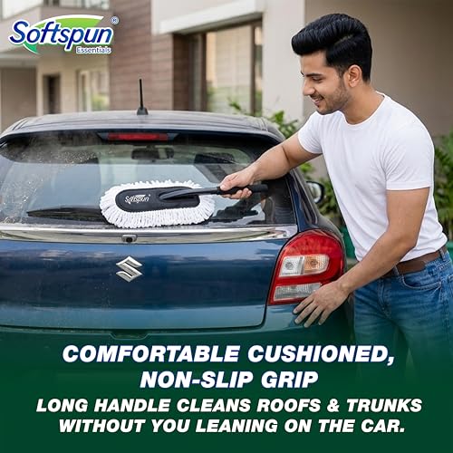 Image of SOFTSPUN Essentials Car Duster - White, Long-Handle Lint-Free & Scratch-Free Car Cleaner Brush with SiO2 Wax Infused Cotton Strands for Enhanced Dust Removal (Exterior Car Cleaning Tool)