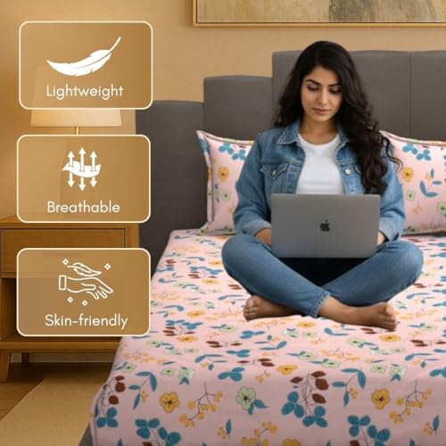 Image of Mafatlal Luxe Lilac 140 GSM Elegant Bedsheet with 2 Pillow Cover for Double Bed and Queen Size, 90x100 Inch - Blush, Premium Microfiber, Soft & Lightweight