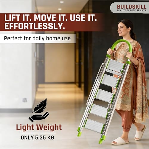 Image of BUILDSKILL Aluminium Ladder for Home 5 Steps | 34x16cm Wide Anti-Slip Aluminium Steps | Stainless Steel Body | Handrails | Load 150 Kg | Foldable Lightweight 5.35KG Ladder for Kitchen, Office & Home