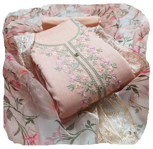 Image of Rubani Women's Heavy Chanderi Cotton Embroidery Work Unstitched Salwar Suit Dress Material With Organza Printed Dupatta(Free Size)
