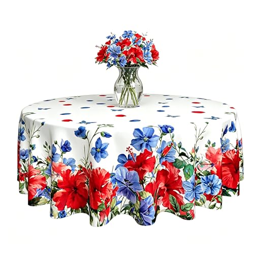 Xumuyin July 4th Round Tablecloth 60 Inch Watercolor Flowers Memorial Day Patriotic Table Cloth Waterproof Heat Resistant Reusab Independence Day Decorations for Holiday Kitchen Dinning Party Decor