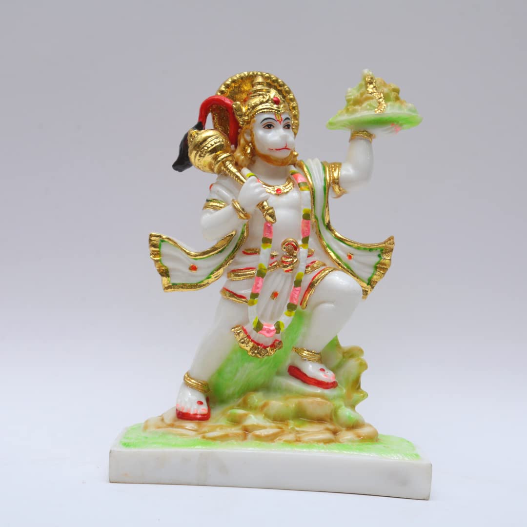Gold Plated Hanuman Murti Idol Cultured Marble Bajrangbali Ji Statue for Pooja Ghr Door Entrance Temple & Gift- 7 Inch, Idol