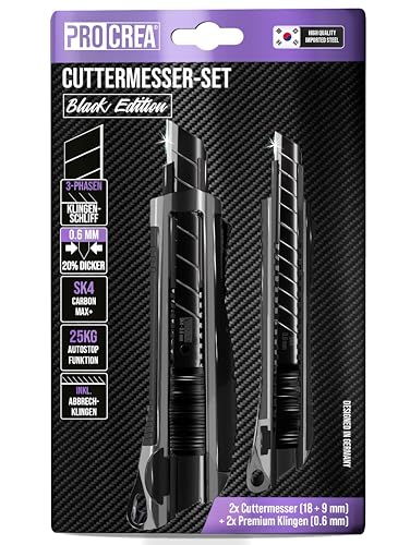 PROCREA® Premium 2er Cuttermesser & Klingen Set 'Black Edition' [Extrem Robust & Ultrascharf] Das 18 mm & 9 mm kleine Teppichmesser in bester Qualität - inkl. extra scharfer Qualitäts-Abbrechklingen
