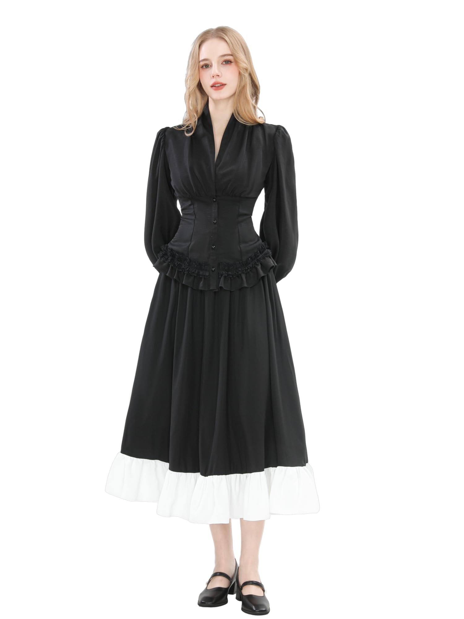 Camicetta vittoriana da donna con volant, a maniche lunghe, con lacci, stile gotico, colore nero