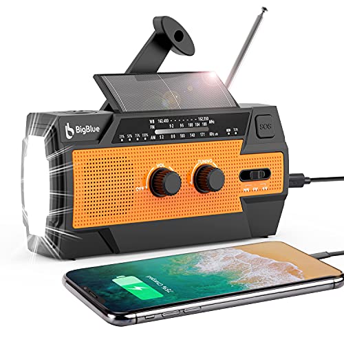 Weather Radio 4000mAh, BigBlue Hand Crank Dynamo Emergency Radio with AM/FM/NOAA, LED Flashlight & Motion Sensor Night Light, Cellphone Charger and SOS Alarm, Hurricane Supplies[2021 Upgraded]