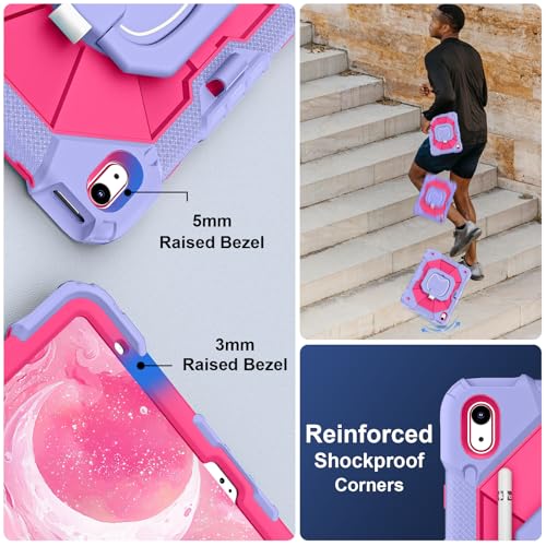 Image of Scnioy Case for iPad A16 11th Generation 11 Inch 2025, Rugged A16 iPad Case 10th Generation Cover with 360 Rotating Stand Screen Protector Pen Holder Shoulder Strap, Purple HotPink