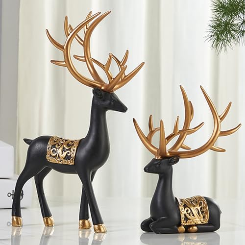 BZHIB Decorazioni per Renne Natalizie da 2 Pezzi Figurine di Cervi Natalizi, Scultura in Resina di Renne in Piedi E Sedute, Forniture per Centrotavola da Tavolo con Cervi Natalizi,Black