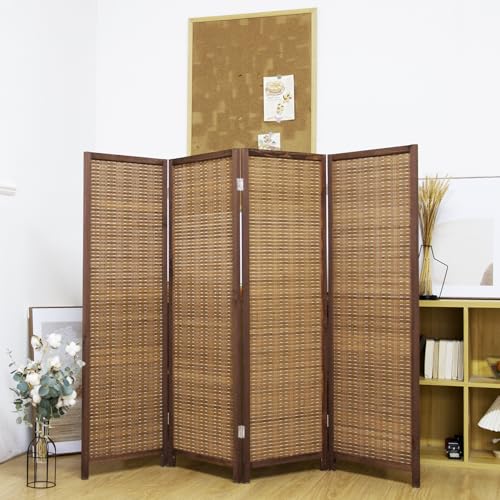 4 Panel Short Panel Divider Screen,3.95 FT Tall Bamboo Room Divider Folding Privacy Screen,Short Panel Divider Freestanding Room Divider for Room Seperation,Brown