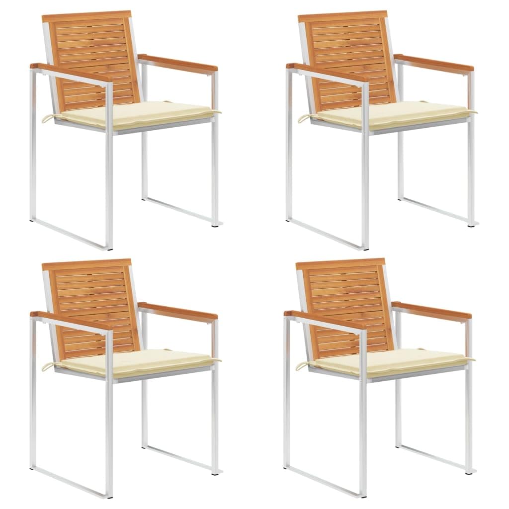 Juego de 4 sillas de jardín de madera maciza con cojines, sillas de madera de acacia con cojines para terraza, sillas de comedor, jardín, duraderas, inoxidables