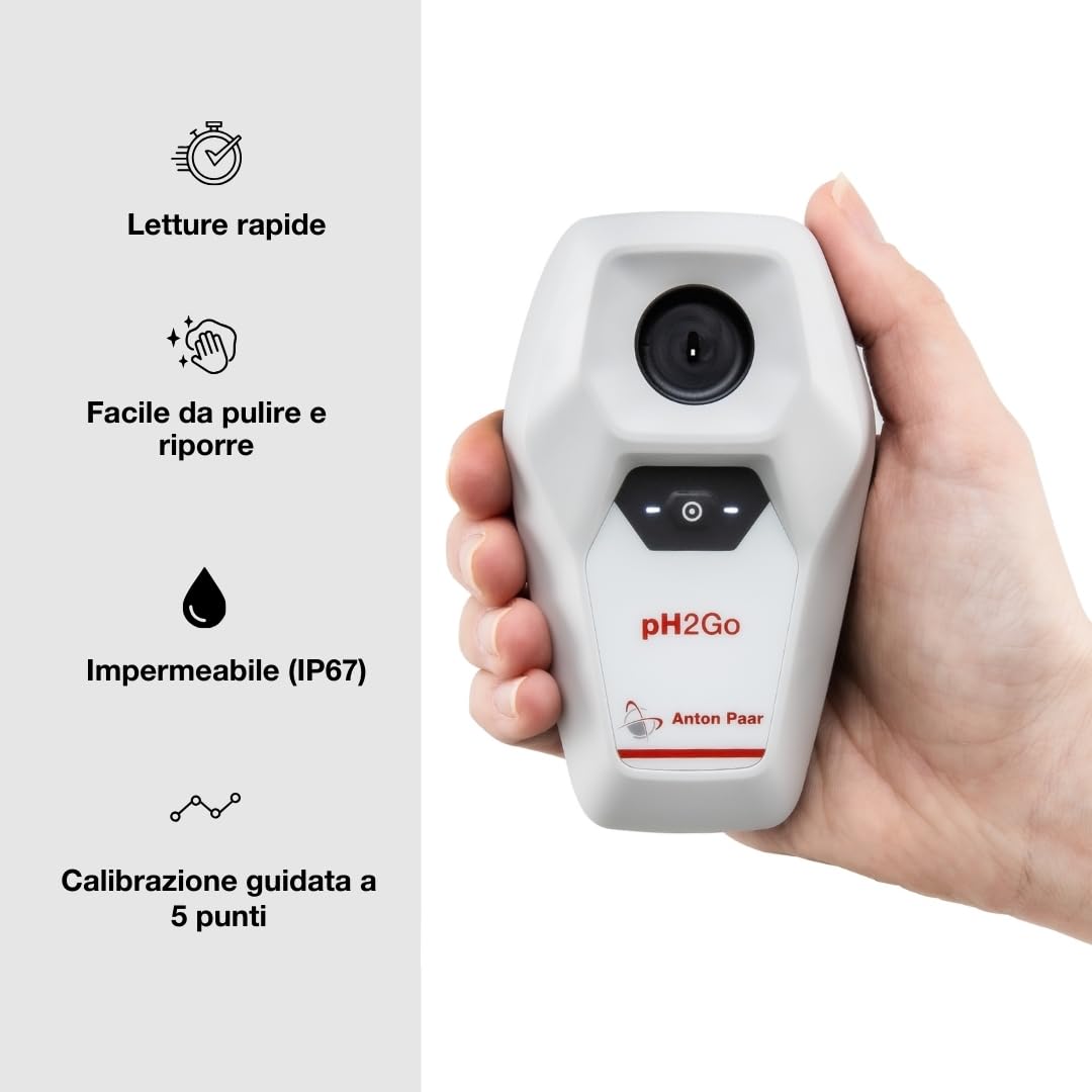 pH2Go, misuratore di pH digitale di Anton Paar - Sensore ISFET senza vetro, calibrazione guidata (ATC), alta precisione, connessione con app (iOS/Android) | idroponica, acquario, piscina, acqua, birra