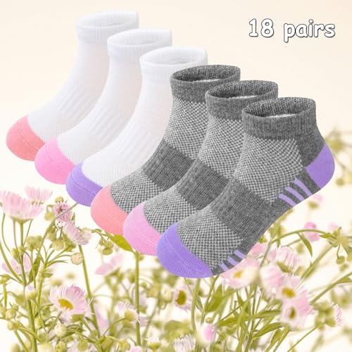 Bemeol Girls Socks 18 Pairs Ankle Socks for Girls Cotton Sports Sock Athletic Running Low Cut Sock for Little Bid Kids3