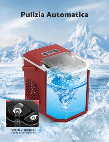 Macchina Ghiaccio 12Kg/24H, Macchina Del Ghiaccio Casa Autopulente 1,5L, Macchina Per Il Ghiaccio Professionale, Pronto In 6 Minuti, Con Maniglia/Silenzioso/Paletta/Cestello, Rosso - 5