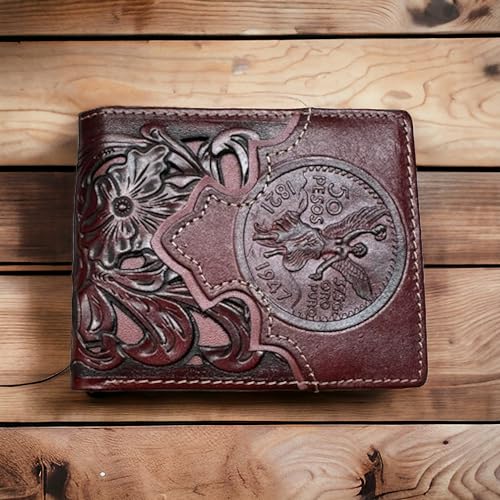 Urbalabs Mens Western Wallet Floral Cutout Layered Maroon Coffee Leather Mexican 50 Peso Design Bifold Style Cowboy Hand Crafted High End Mens Wallets Leather Bull Rider Rodeo Gifts For Men2