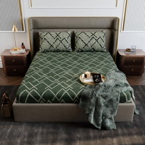Image of Stoa Paris 100% Cotton King Size Fitted Bedsheet with 2 Pillow Covers, 180TC Printed Bedding Set, All-Season Comfort, Soft & Lightweight, Home Decor, Urbanscape - Olive Mesh (182cm x 198cm + 30cm)