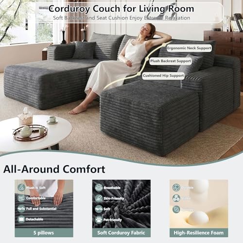Image of 95 inch Modular Sectional Sofa with Ottoman, Modern Corduroy Cloud Couch Deep Seat, Boneless Couch Upholstered 3-Seater U-Shaped Sofa for Living Room, No Assembly (Dark Gray,Left-Facing Chaise)
