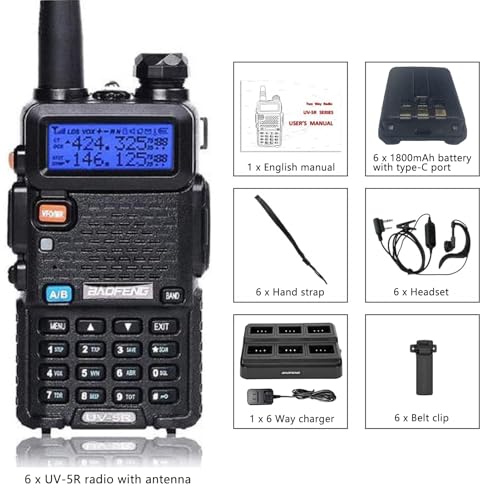 Image of Baofeng UV-5R Dual Band Two Way Radio Rechargeable Ham Radio USB C Charging | UV5R 6-Way Charger, Handheld Long Range Walkie Talkies 6 Pack for Team Management Church Warehouse Hiking Hunting Trip Black