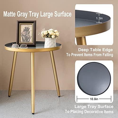 Aojezor End Table,Round End Table Ideal For Any Room-Side Tables Living Room,Side Tables Bedroom,Metal Structure Side Table Great For Indoor & Outdoor,Matte Gray Tray With 3 Gold Legs Accent Table #TOP3