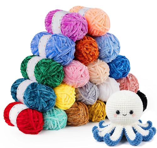 Chenille Yarn 600g(20x30g) Velvet Yarn for Crochet Chenille Chunky for Knitting and Crocheting& Needles Crochet Accessories Plush Wool for Clothes Blankets Bags DIY Crafts Amigurumi
