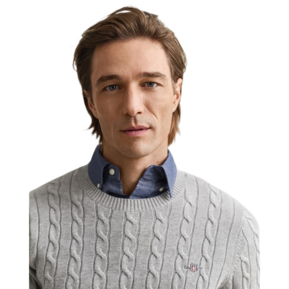 Gant Men's Grey Melange Cotton Cable C-Neck Jumper, Standard, Xxl