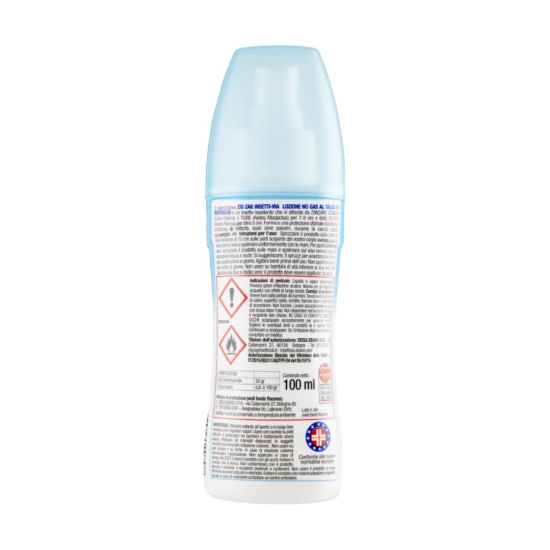 ZIG-ZAG lozione antizanzare corpo, Repellente zanzare zecche tafani, Talco di Marsiglia, 100 ml