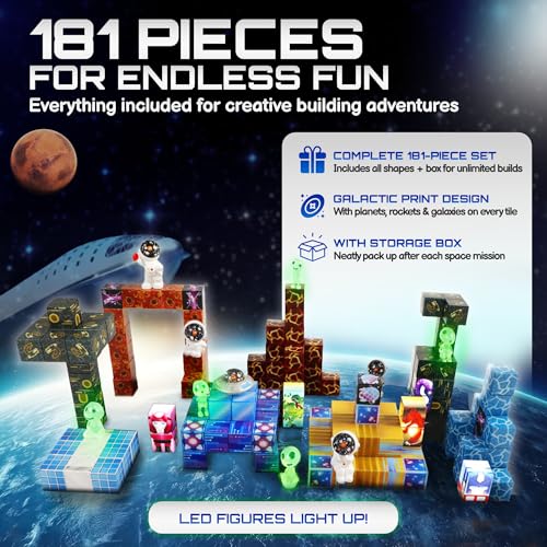 181-Piece Magnetic Building Blocks Set – STEM Toys for Kids Ages 3+ | Educational Space-Themed Magnetic Construction Kit with LED Light-Up Cubes | Sensory Gift Toy for Boys & Girls