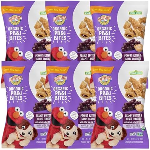 Earth's Best Organic Kids Snacks, Sesame Street Toddler Snacks, Organic PB&J Bites for Toddlers 2 Years and Older, Peanut Butter and Grape Flavored with Other Natural Flavors, 3.17 oz (Pack of 6) Cover
